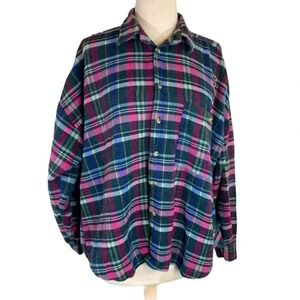 Protest Vintage Plaid Flannel Shirt Mens Large Pink Green Blue Cotton Button Up